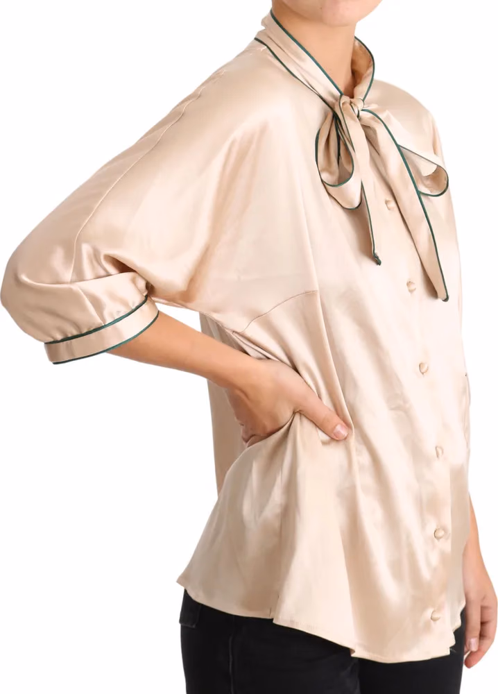 Dolce & Gabbana Beige Ribbon Silk Stretch Top Blouse