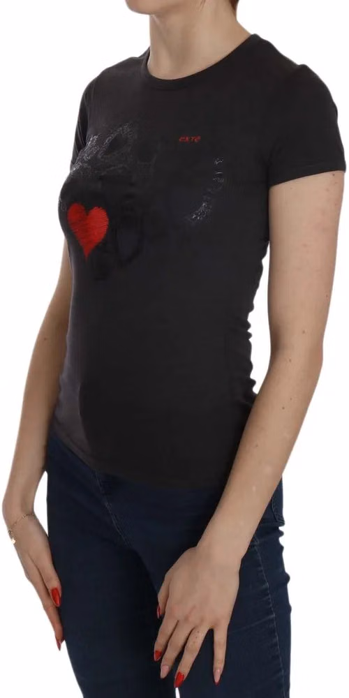 Exte Black Hearts Print Short Sleeve Casual Shirt Top