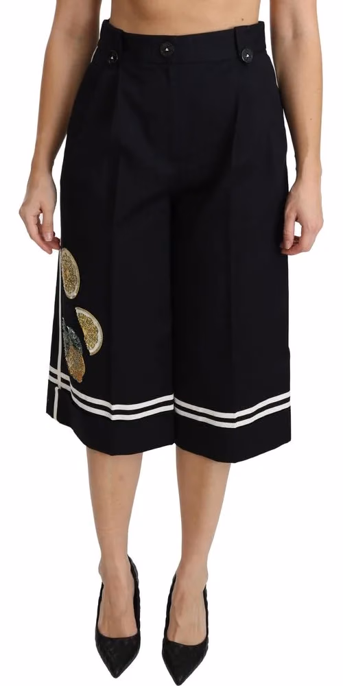 Dolce & Gabbana Black Lemon Embellished Palazzo Cropped Pants