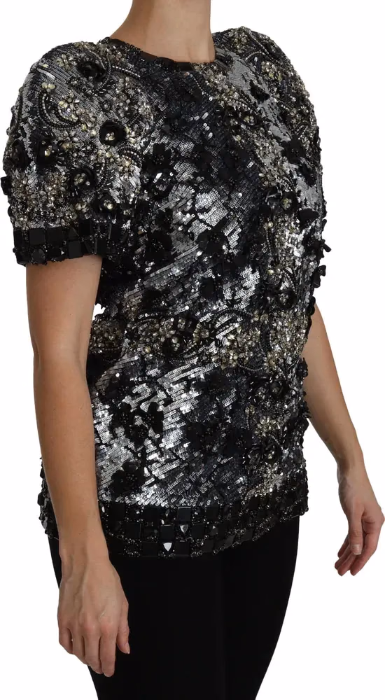 Dolce & Gabbana Black Sequined Crystal Embellished Top Blouse