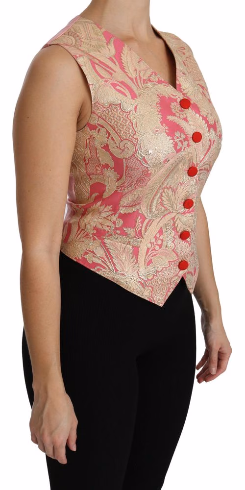 Dolce & Gabbana Pink Gold Brocade Waistcoat Vest Blouse Top