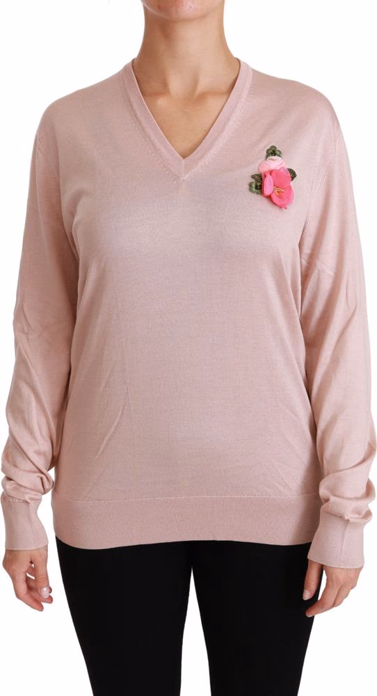Dolce & Gabbana Pink Floral Embellished Pullover Silk Sweater