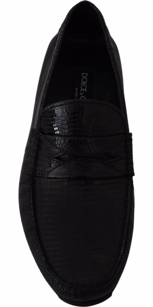 Dolce & Gabbana Black Lizard Leather Flat Loafers Shoes