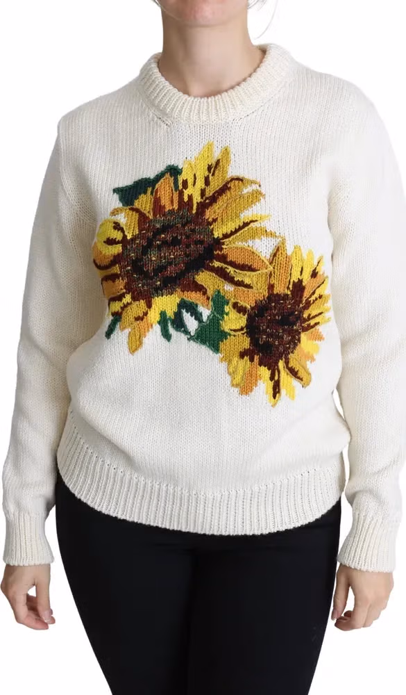 Dolce & Gabbana White Floral Wool Pullover Sunflower Sweater
