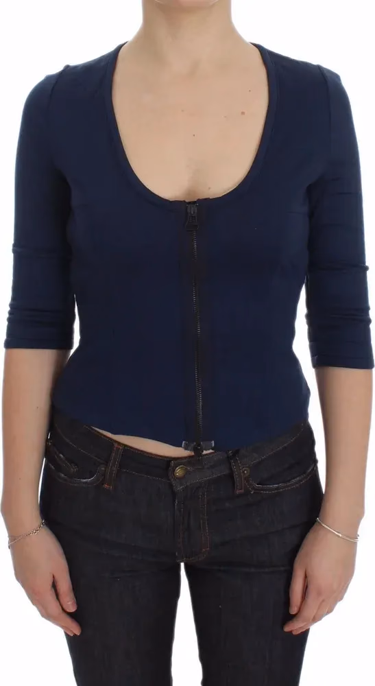 Exte Blue Cotton Top Zipper Deep Crew-neck Sweater