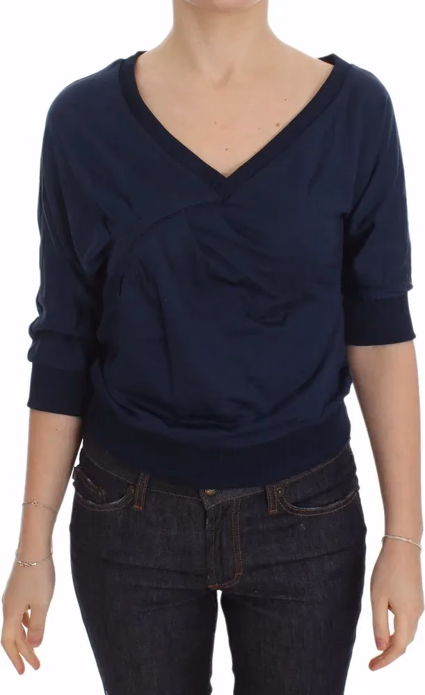 Exte Blue Cotton Top Pullover Deep V-neck Women Sweater