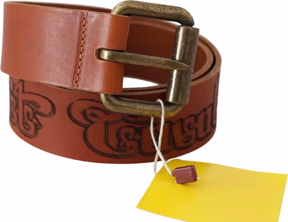 Just Cavalli Brown Leather Logo Bronze Rustic Metal Buckle Belt
