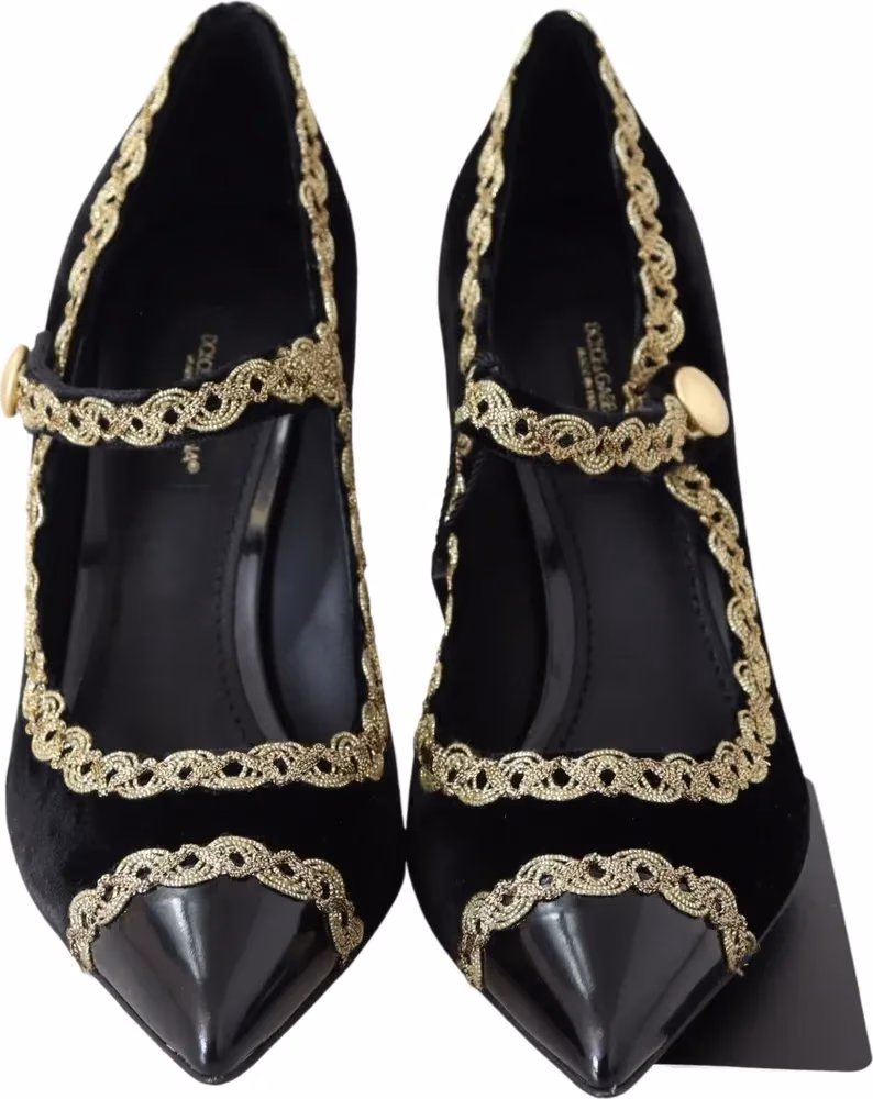 Dolce & Gabbana Black Velvet Gold Mary Janes Pumps