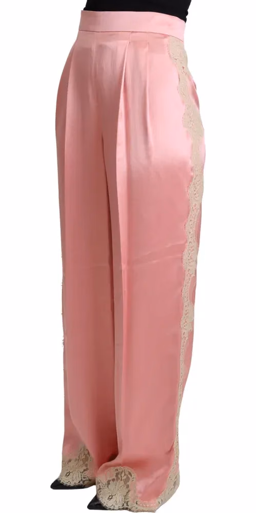 Dolce & Gabbana Pink Lace Trimmed Silk Satin Wide Legs Pants