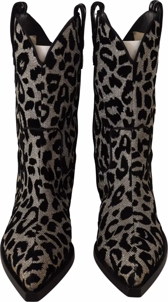 Dolce & Gabbana Gray Black Leopard Cowboy Boots Shoes