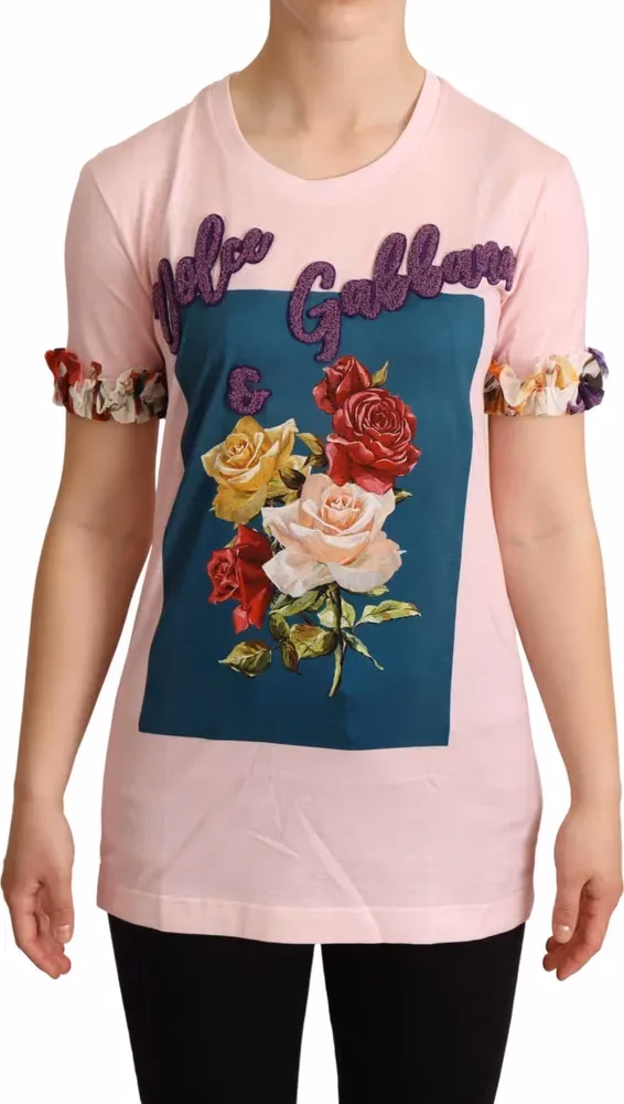 Dolce & Gabbana Pink Cotton Floral Roses Crewneck T-shirt