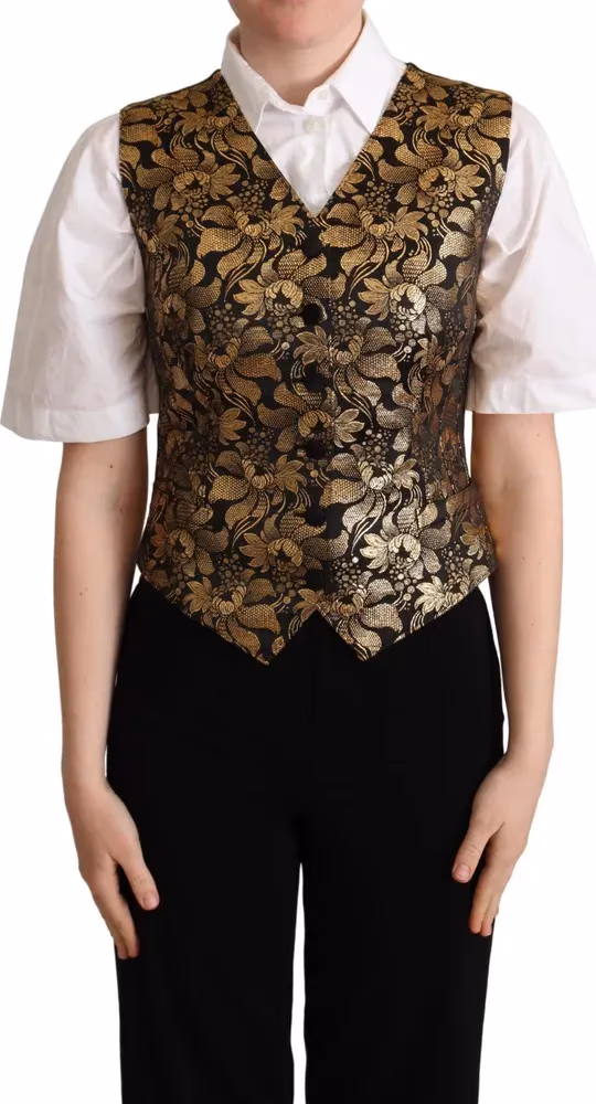 Dolce & Gabbana Black Gold Jacquard Silk Waistcoat Vest
