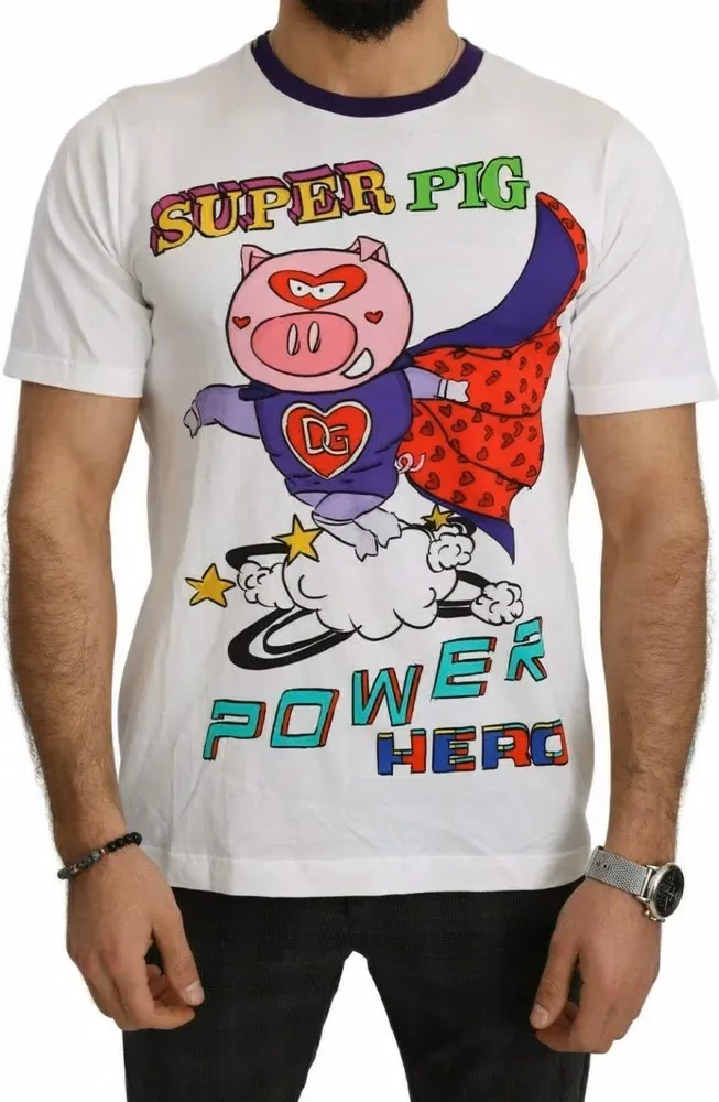 Dolce & Gabbana White Cotton Top Super Power Pig T-shirt