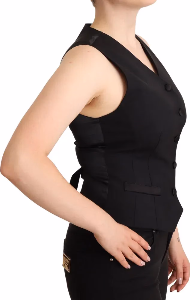 Dolce & Gabbana Black Button Down Sleeveless Viscose Vest Top