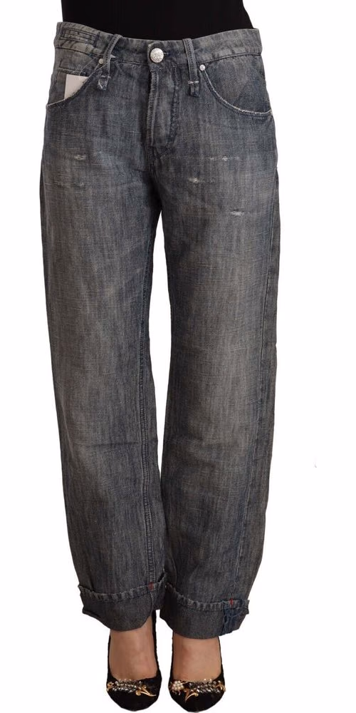 Acht Gray Washed Ramie Straight Denim Folded Hem Jeans