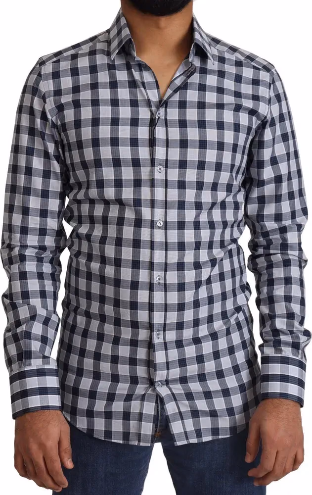 Dolce & Gabbana Blue White Check Cotton Slim Fit GOLD Shirt