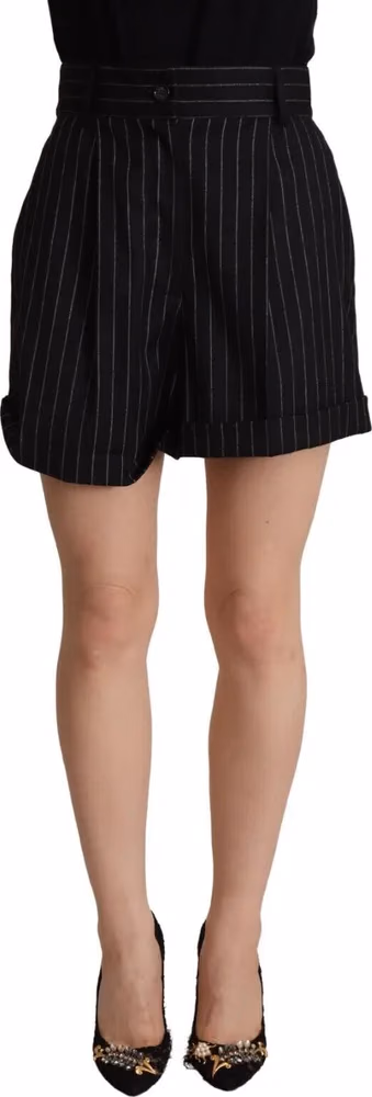 Dolce & Gabbana Black Stripes Wool High Waist Trouser Bermuda Shorts