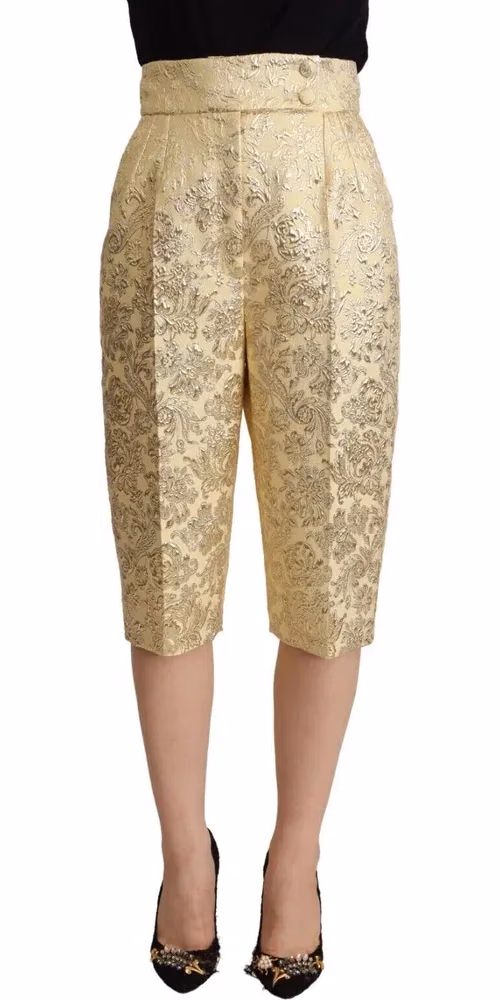 Dolce & Gabbana Beige Floral Brocade High Waist Trouser Cropped Pants
