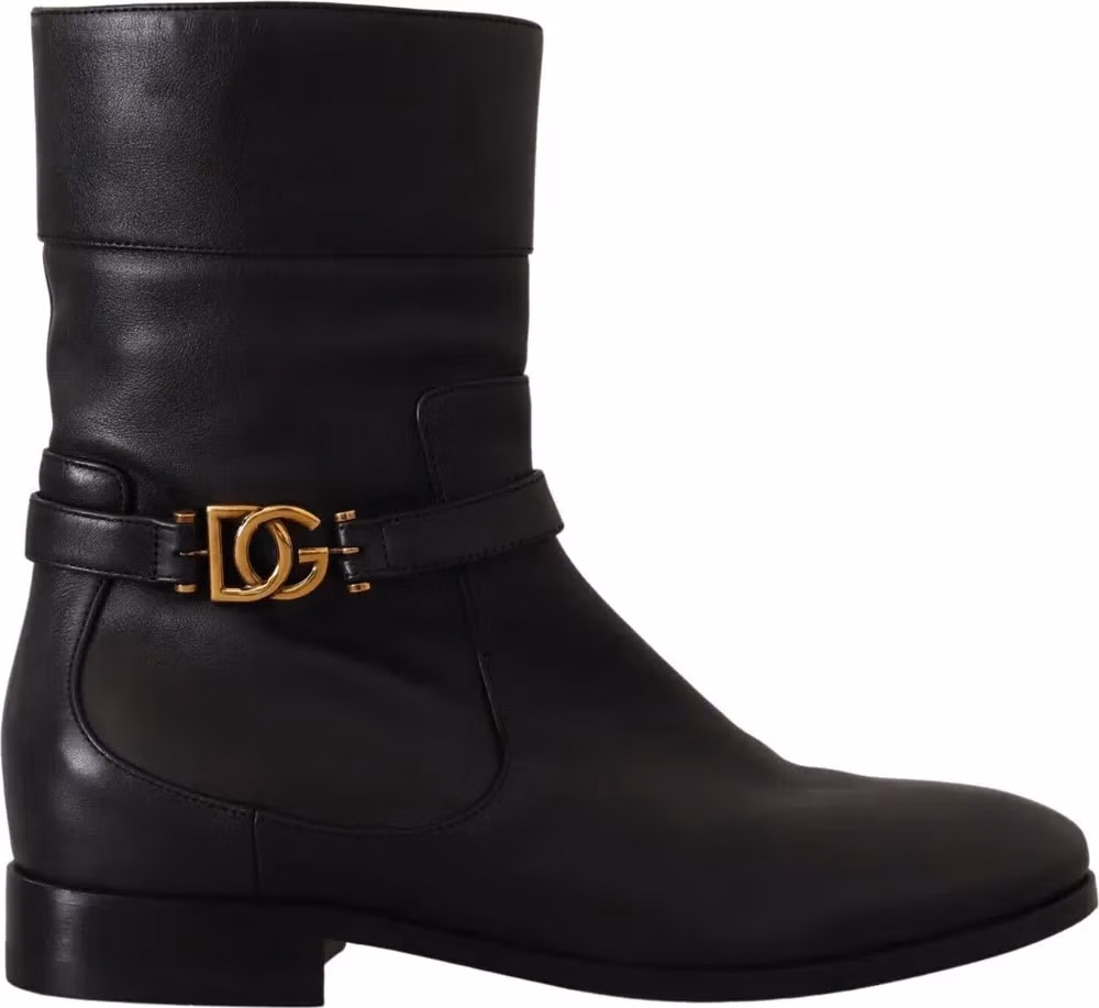 Dolce & Gabbana Black Leather Flats Logo Short Boots Shoes