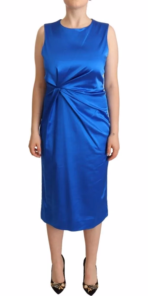 P.A.R.O.S.H. Blue Acetate Sleeveless Pleated Midi Sheath Dress