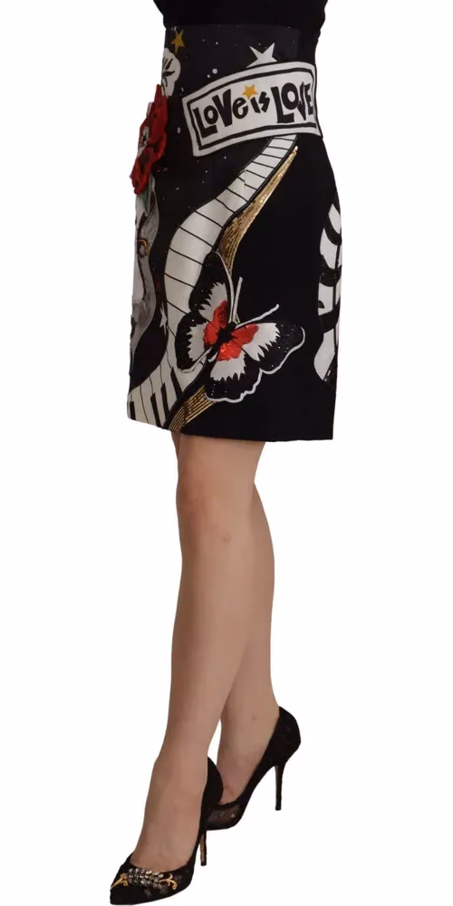 Dolce & Gabbana Black Love Clock Sequined Piano Skirt