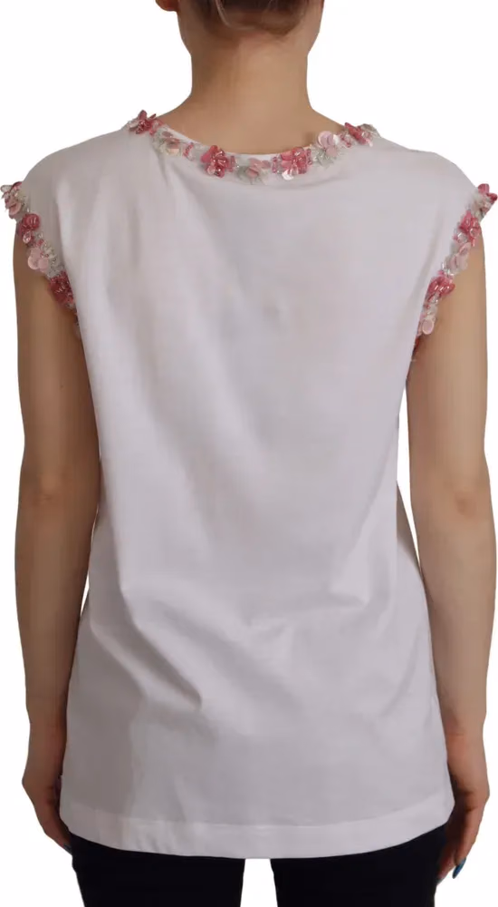 Dolce & Gabbana White DG Crown Floral Sequin T-shirt