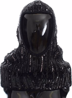Black Knitted Sequin Hood Scarf Hat