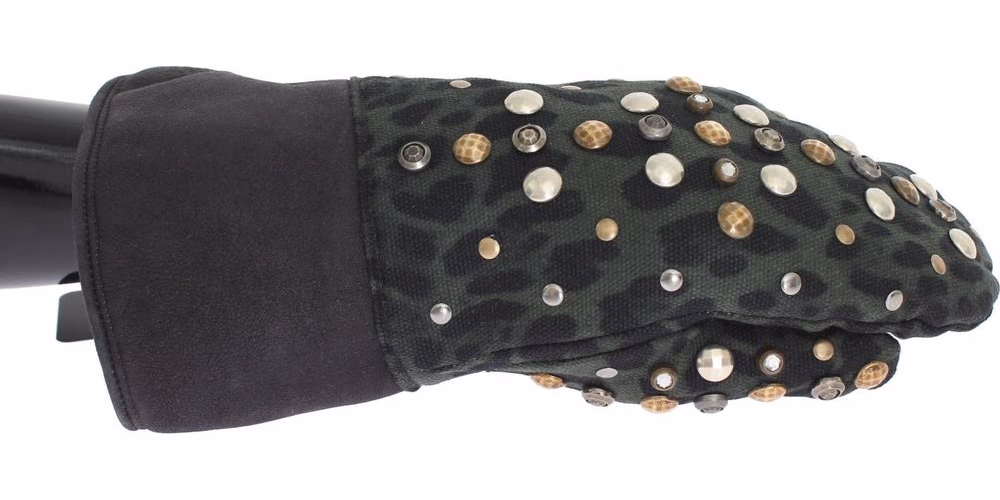 Dolce & Gabbana Gray Wool Shearling Studded Green Leopard Gloves