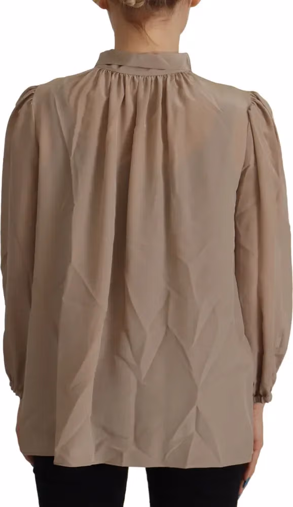 Dolce & Gabbana Brown Waistband Sleeves Ascot Collar Top Blouse