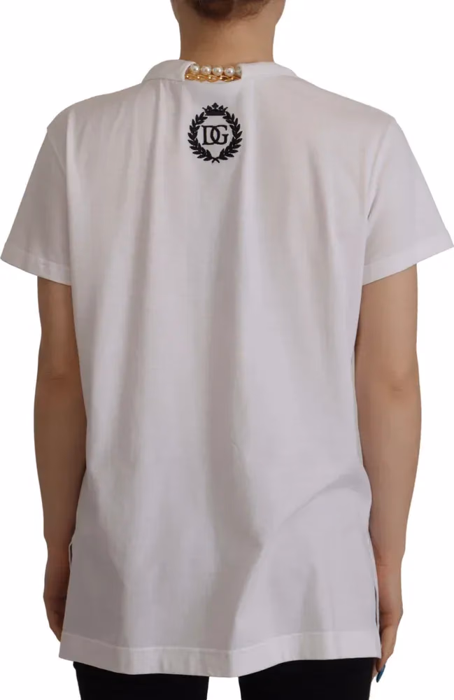 Dolce & Gabbana White Necklace Embellished Neckline T-shirt Top