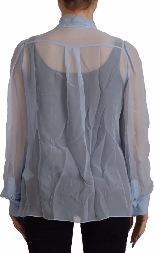 Dolce & Gabbana Light Blue Silk Ascot Collar Long Sleeves Top