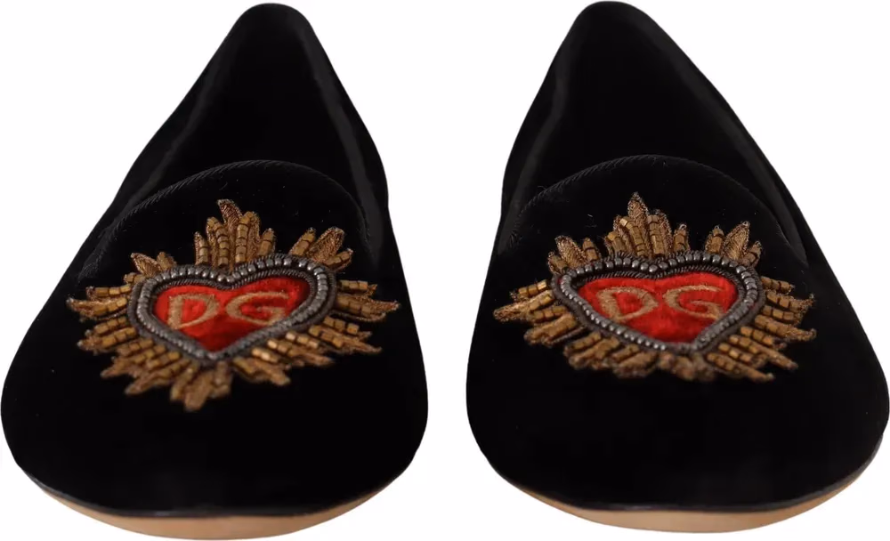 Dolce & Gabbana Black DG Sacred Heart Patch Slip On Flat Shoes