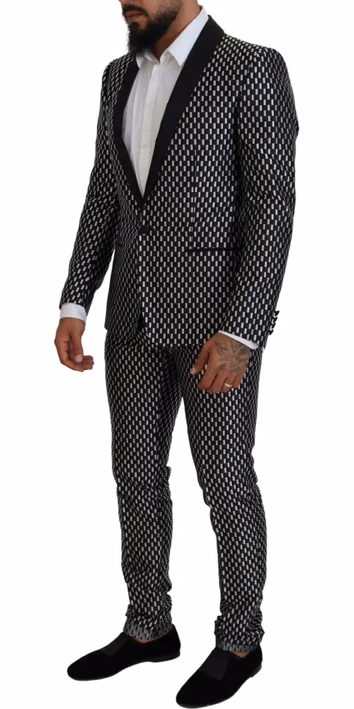 Dolce & Gabbana Dark Gray White Silk MARTINI Slim Fit Suit
