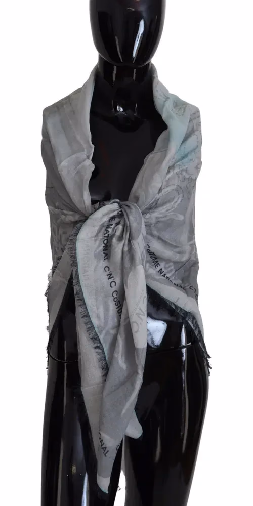 Costume National Gray Print Shawl Foulard Fringes Scarf