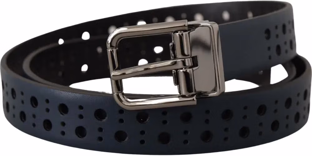 Dolce & Gabbana Navy Blue Perforated Leather Skinny Metal Buckle Belt