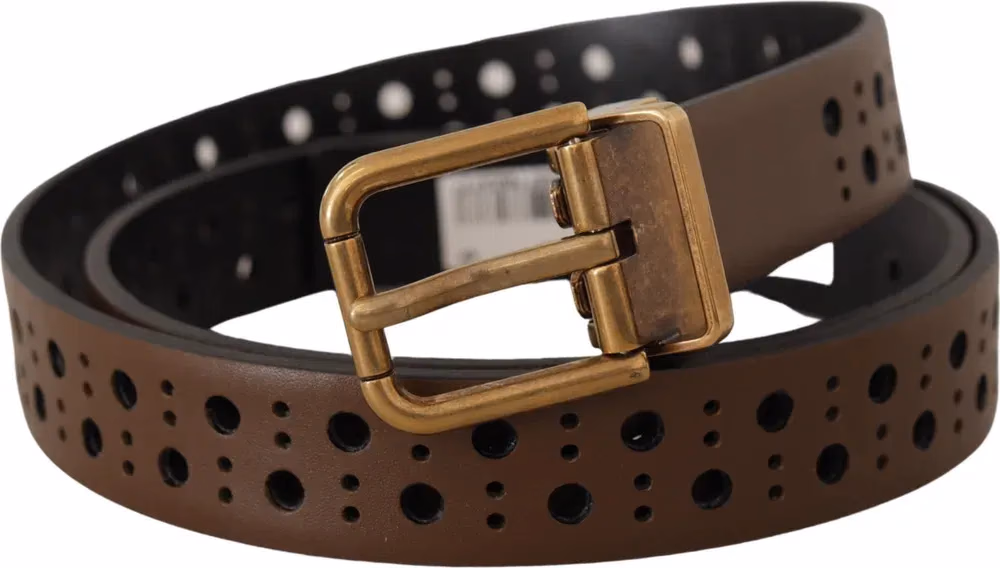 Dolce & Gabbana Brown Leather Perforated Crown Belt