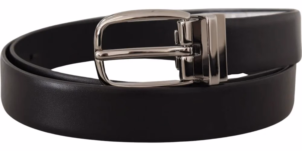 Dolce & Gabbana Black Leather Silver Metal Chrome Logo Buckle  Belt