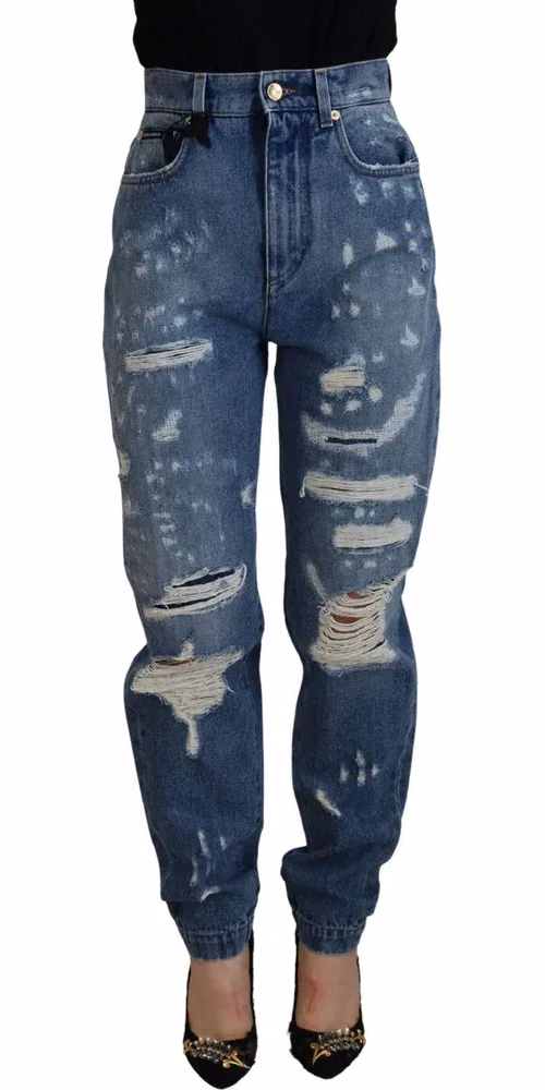 Dolce & Gabbana Blue Tattered Skinny Denim Cotton Jeans