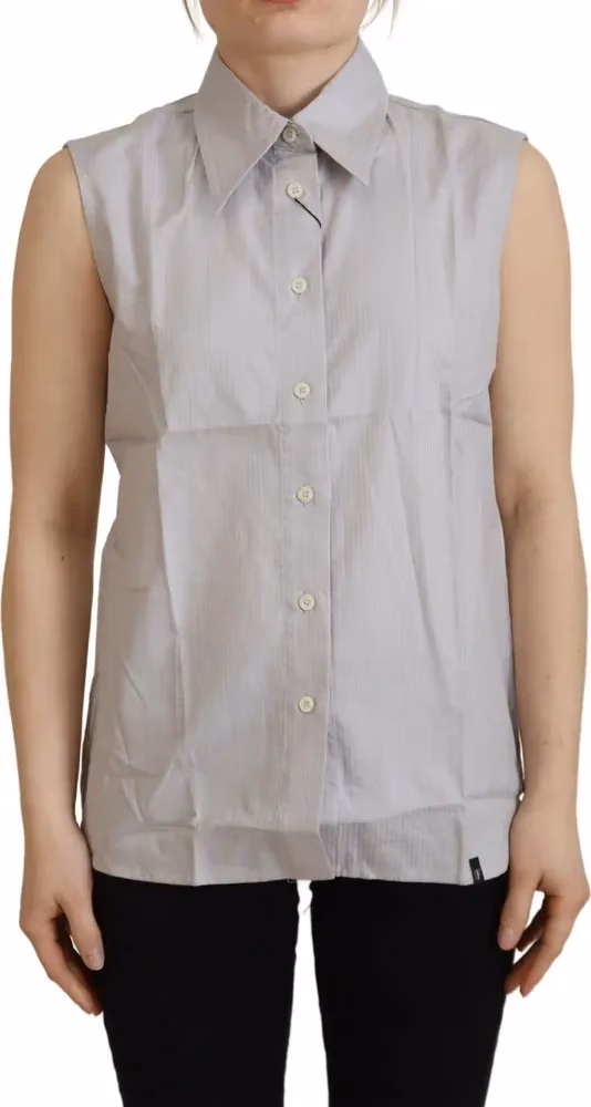 Ferre Light Gray Stripes Cotton Sleeveless Collared Top