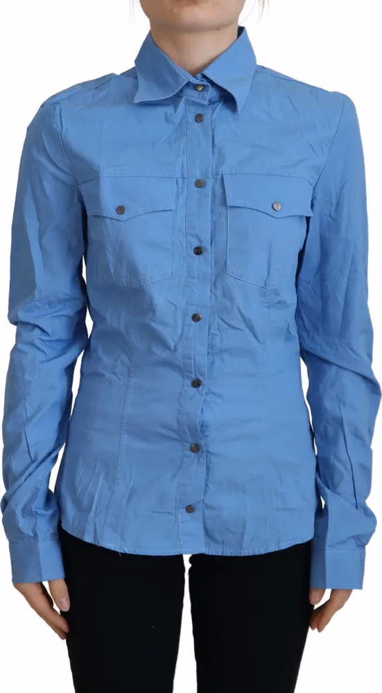 Ferre Blue Cotton Long Sleeves Collared Button Down Top