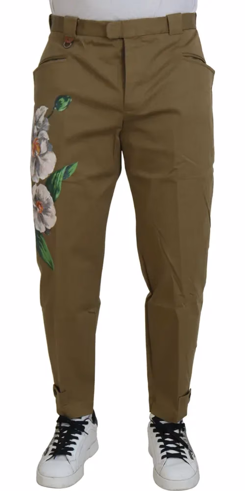 Dolce & Gabbana Beige Cotton Stretch Floral Chinos Pants