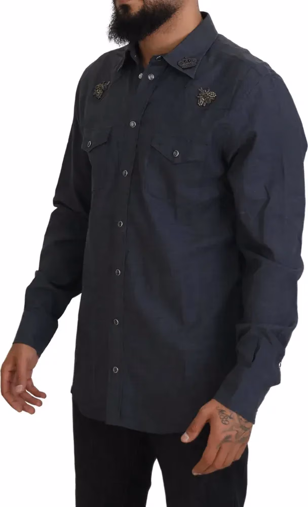 Dolce & Gabbana Blue Cotton Denim Crystal Bee Shirt