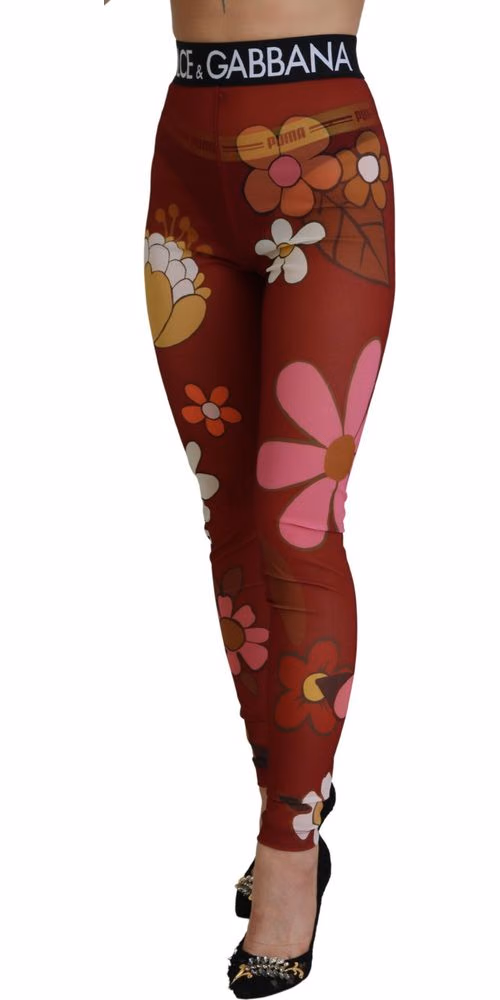 Dolce & Gabbana Red Floral Leggings Stretch Waist Pants