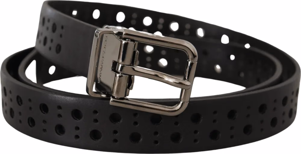 Dolce & Gabbana Black Calf Leather Perforated Metal Buckle Belt