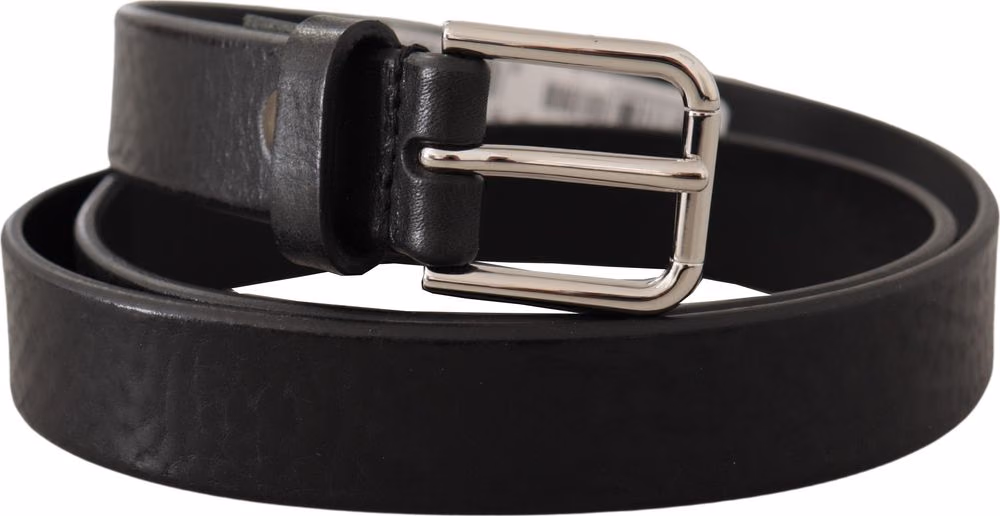 Dolce & Gabbana Black Calf Leather Silver Tone Logo Metal Buckle Belt