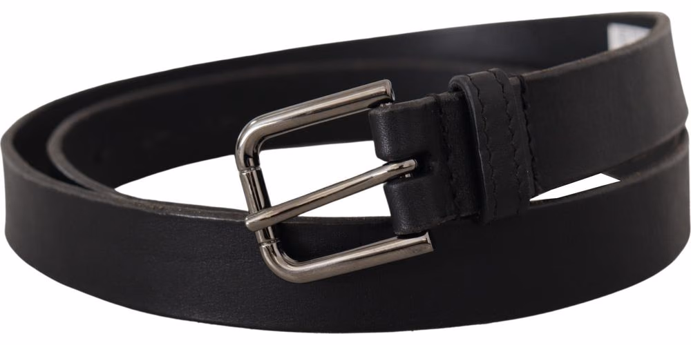Dolce & Gabbana Black Calf Leather Logo Engraved Metal Buckle Belt