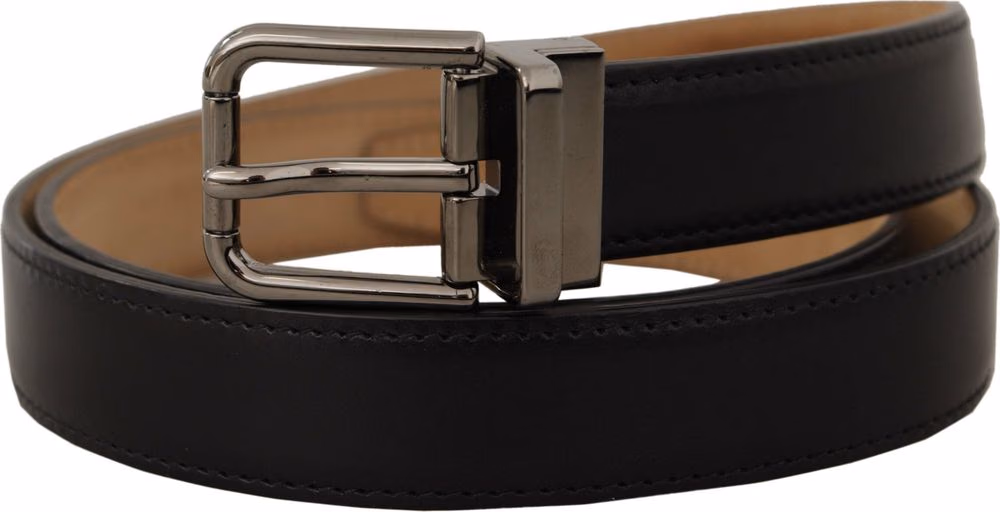 Dolce & Gabbana Black Calf Leather Logo Engraved Metal Buckle Belt