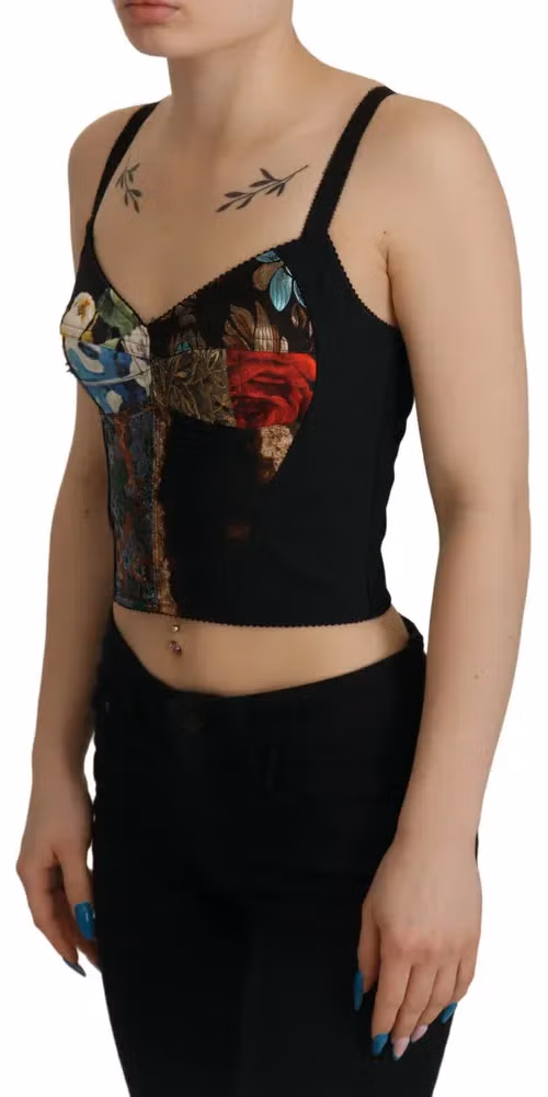 Dolce & Gabbana Black Patchwork Sicily Blouse Corset Cropped Top
