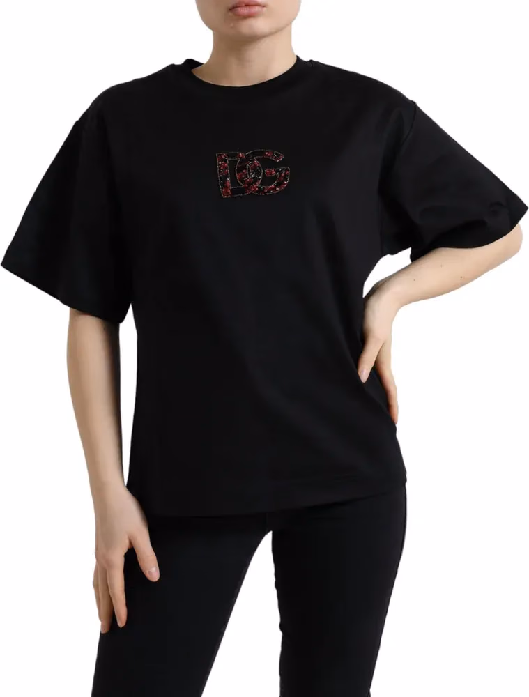 Dolce & Gabbana Black Cotton DG Crystal Crewneck Tee T-shirt