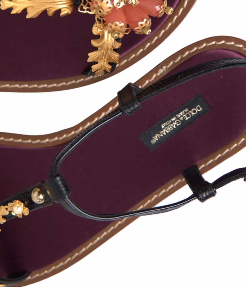 Dolce & Gabbana Black Crystal Gold Sandals Leather Shoes